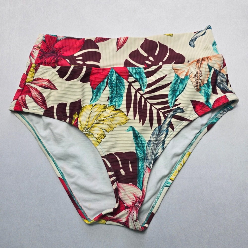 Kona Sol Brown Floral Ribbed Swim Beach Cheeky Flirty Boho Bikini Bottom Large